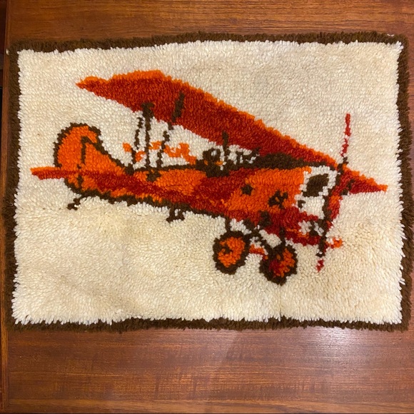 Vintage Latch Hook Airplane Bi-Plane Wall Hanging - Picture 1 of 2